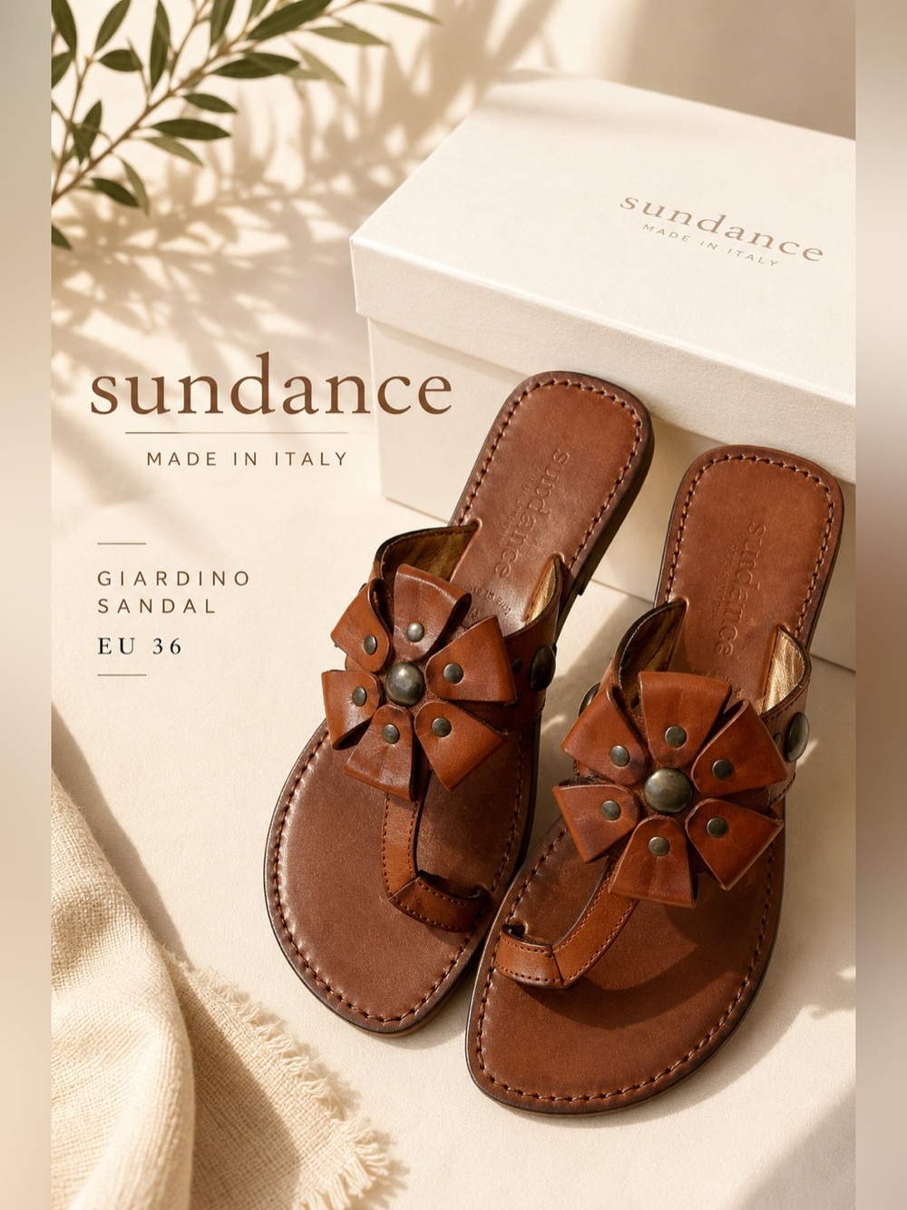 Sundance Giardino Leather Flower Sandals Brown Made in Italy Size EU 36